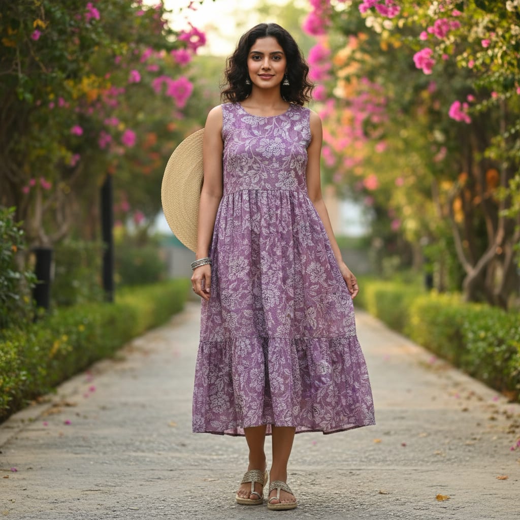 Gorgeous Kota Doria Digital Print Fabric with Purple and Cream Floral & Leaves Design