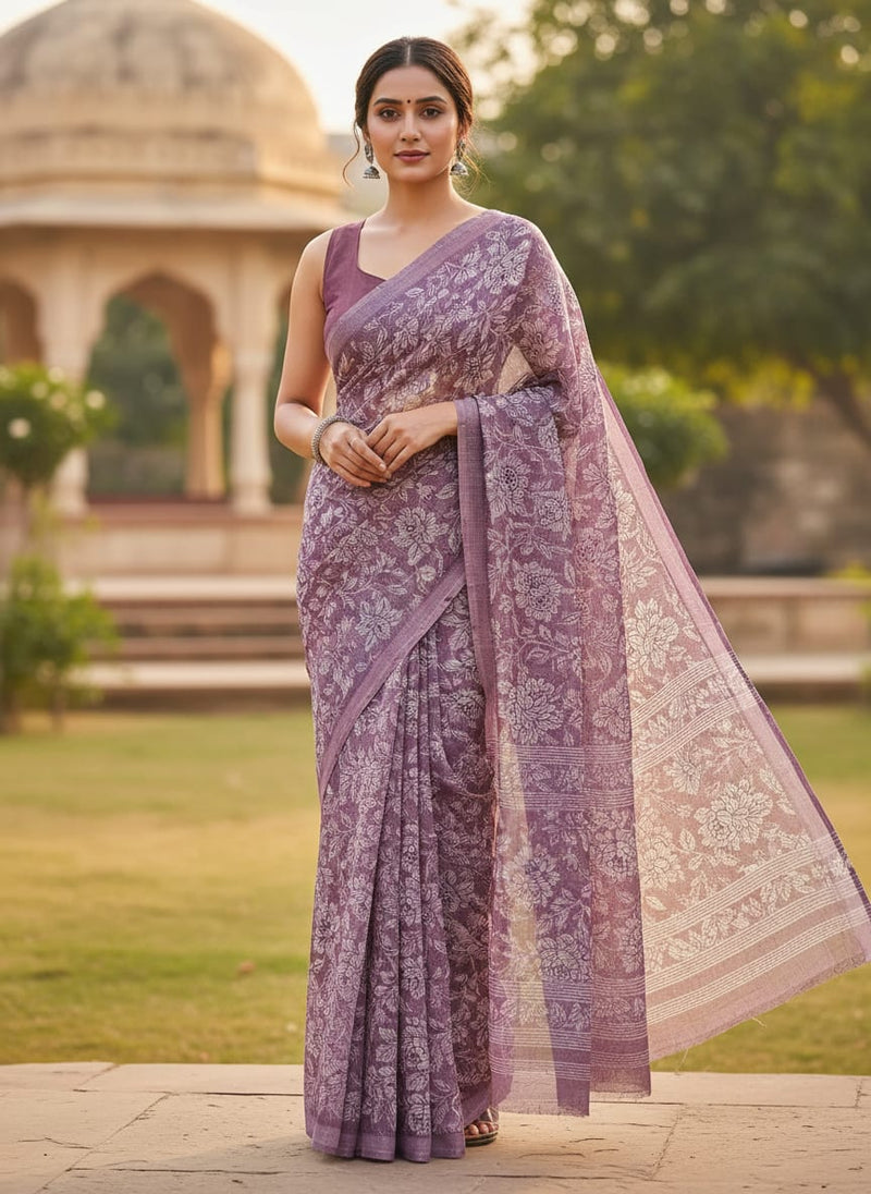 Gorgeous Kota Doria Digital Print Fabric with Purple and Cream Floral & Leaves Design