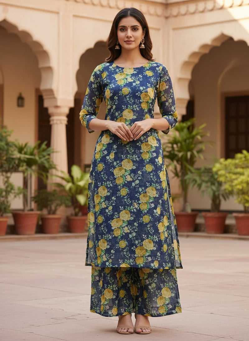 Gorgeous Ditsy Flower Bunch Digital Print on Classy Green-Yellow-Blue Kota Doria Fabric