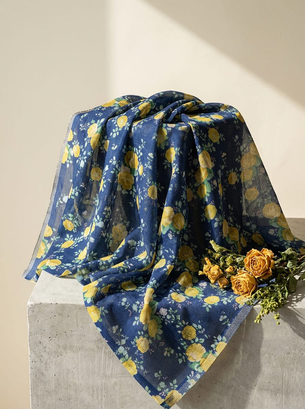 Navy Yellow Rose Garden Floral Kota Doria Digital Printed Fabric - Fabric Editorial Studio Flatlay Lookbook - KD-0-PA7140-110