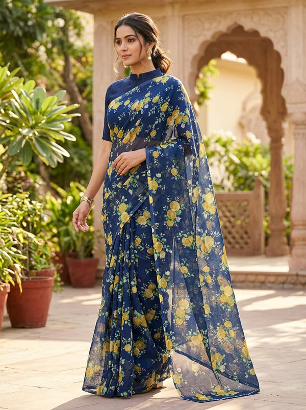 Navy Yellow Rose Garden Floral Kota Doria Digital Printed Fabric - Saree Lookbook - KD-0-PA7140-110 - alternate view