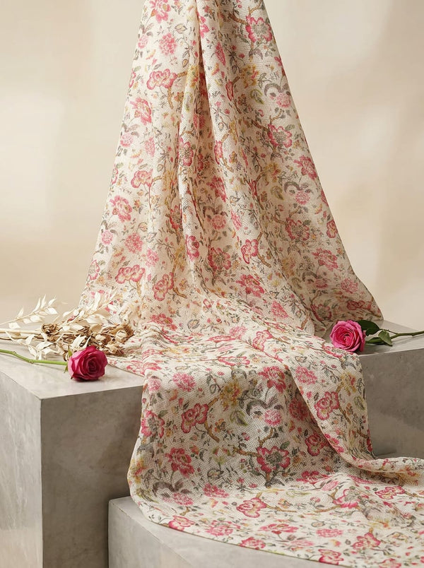Multicolor Vintage Botanical Floral Print Kota Doria Digital Printed Fabric - Fabric Editorial Studio Flatlay Lookbook - KD-0-MA025000-110