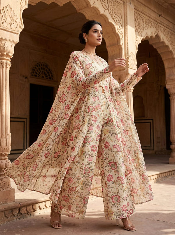 Multicolor Vintage Botanical Floral Print Kota Doria Digital Printed Fabric - Cape with Palazzo Lookbook - KD-0-MA025000-110 - alternate view