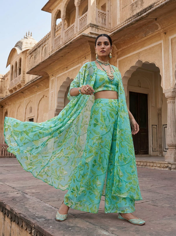 Teal Green Botanical Vine Floral Kota Doria Digital Printed Fabric - Cape with Palazzo Lookbook - KD-0-JA000078P2-110 - alternate view
