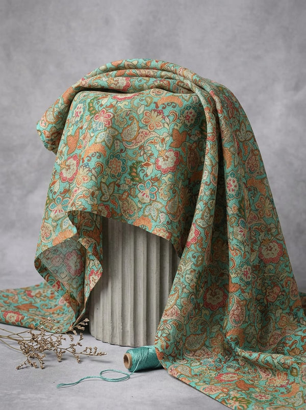 Teal Ethnic Floral and Paisley Kota Doria Digital Printed Fabric - Fabric Editorial Studio Flatlay Lookbook - KD-0-MA021994-110