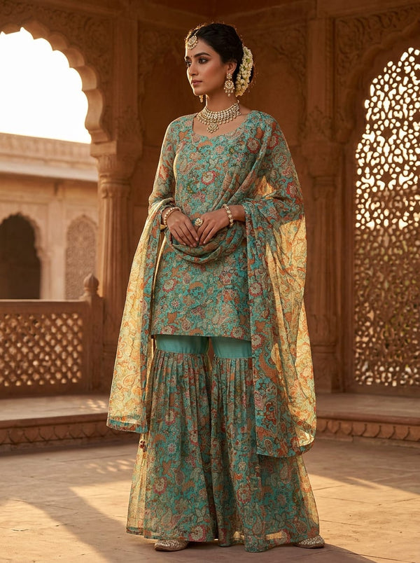 Teal Ethnic Floral and Paisley Kota Doria Digital Printed Fabric - Gharara Set Lookbook - KD-0-MA021994-110 - alternate view