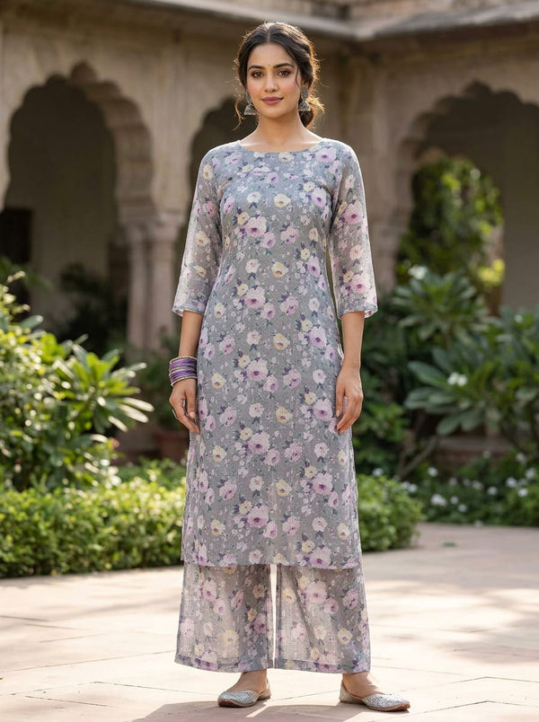 Grey Soft Painterly Floral Print Kota Doria Digital Printed Fabric - Straight Kurta with Palazzo Lookbook - KD-0-MA024025-110 - alternate view
