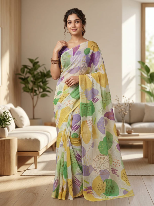 Multicolor Abstract Scribbles and Shapes Kota Doria Digital Printed Fabric - Saree Lookbook - KD-0-PA7081-110 - alternate view