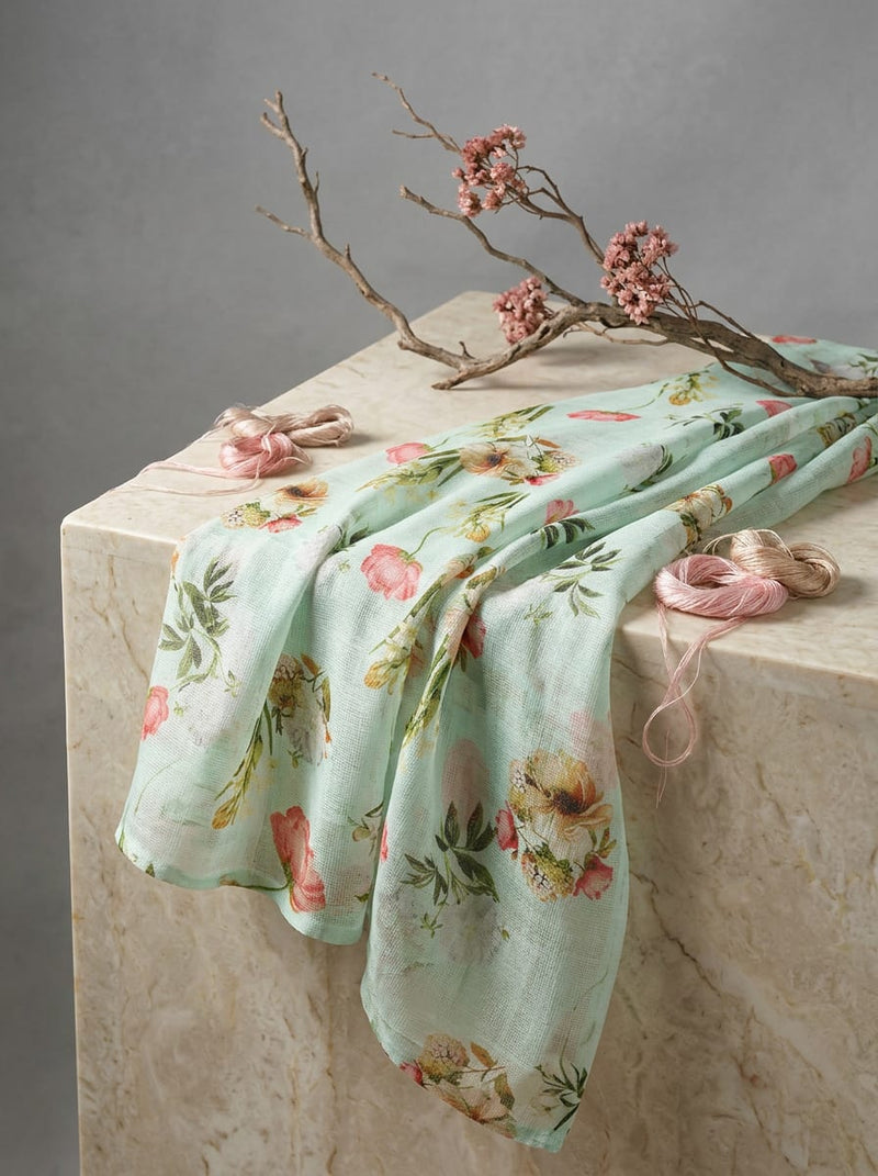 Green Soft Botanical Floral Print Kota Doria Digital Printed Fabric