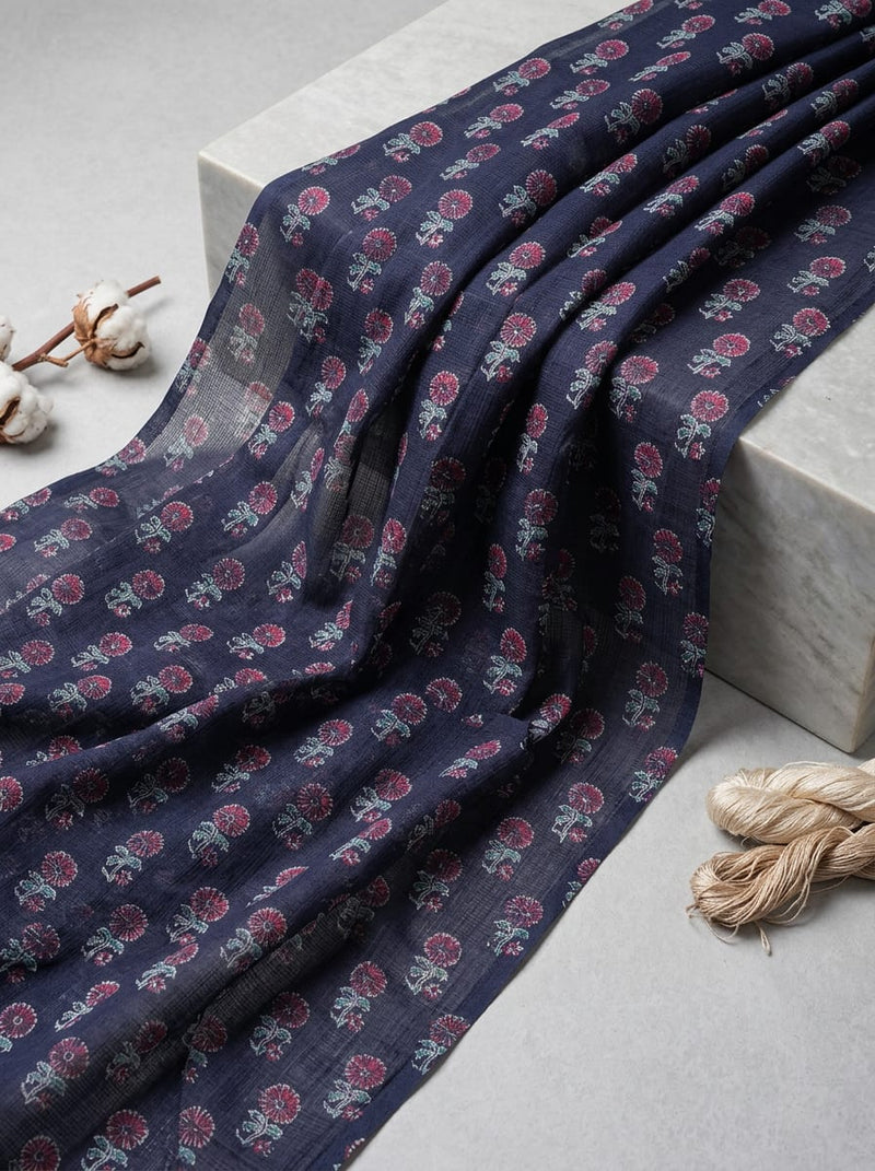 Navy Small Ethnic Floral Kota Doria Digital Printed Fabric