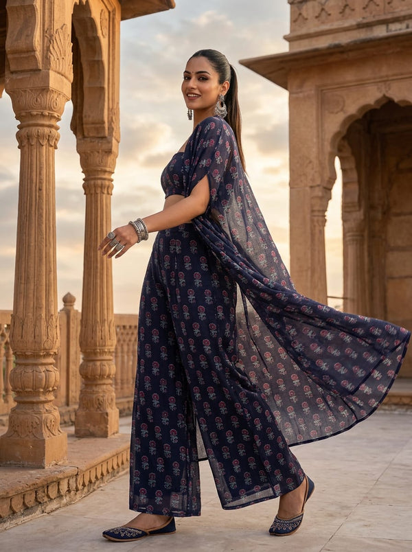 Navy Small Ethnic Floral Kota Doria Digital Printed Fabric - Cape with Palazzo Lookbook - KD-0-MA021233-110 - alternate view