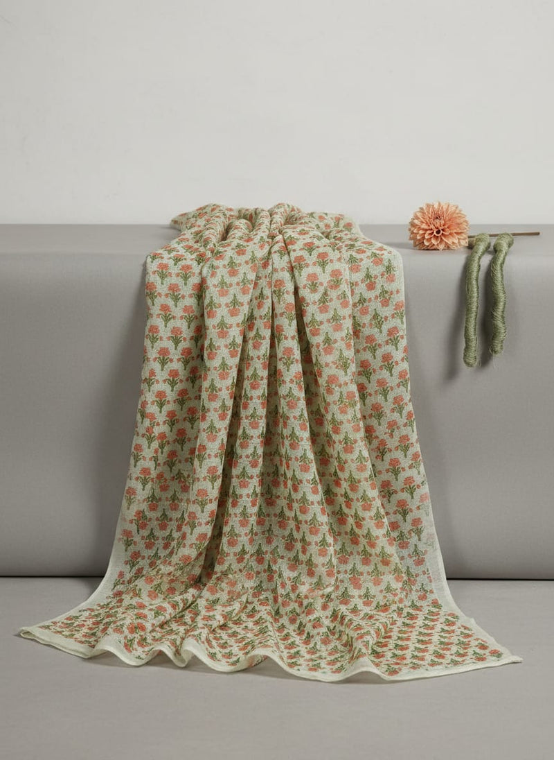 Gorgeous Damask Floral Print in Green and Orange on Kota Doria Fabric Material