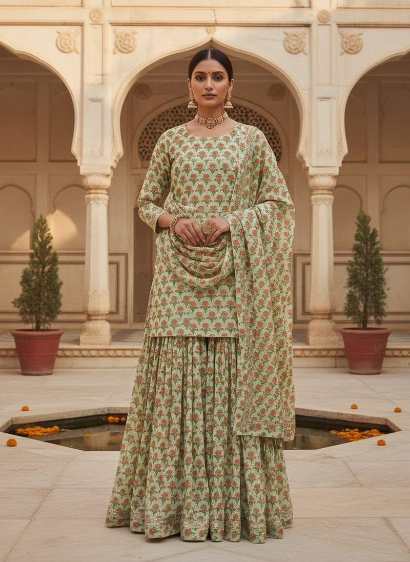 Gorgeous Damask Floral Print in Green and Orange on Kota Doria Fabric Material