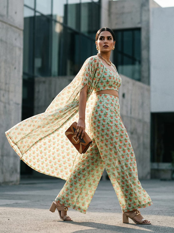 Orange Small Ethnic Floral Buti Print Kota Doria Digital Printed Fabric - Cape with Palazzo Lookbook - KD-0-MA011037-110 - alternate view