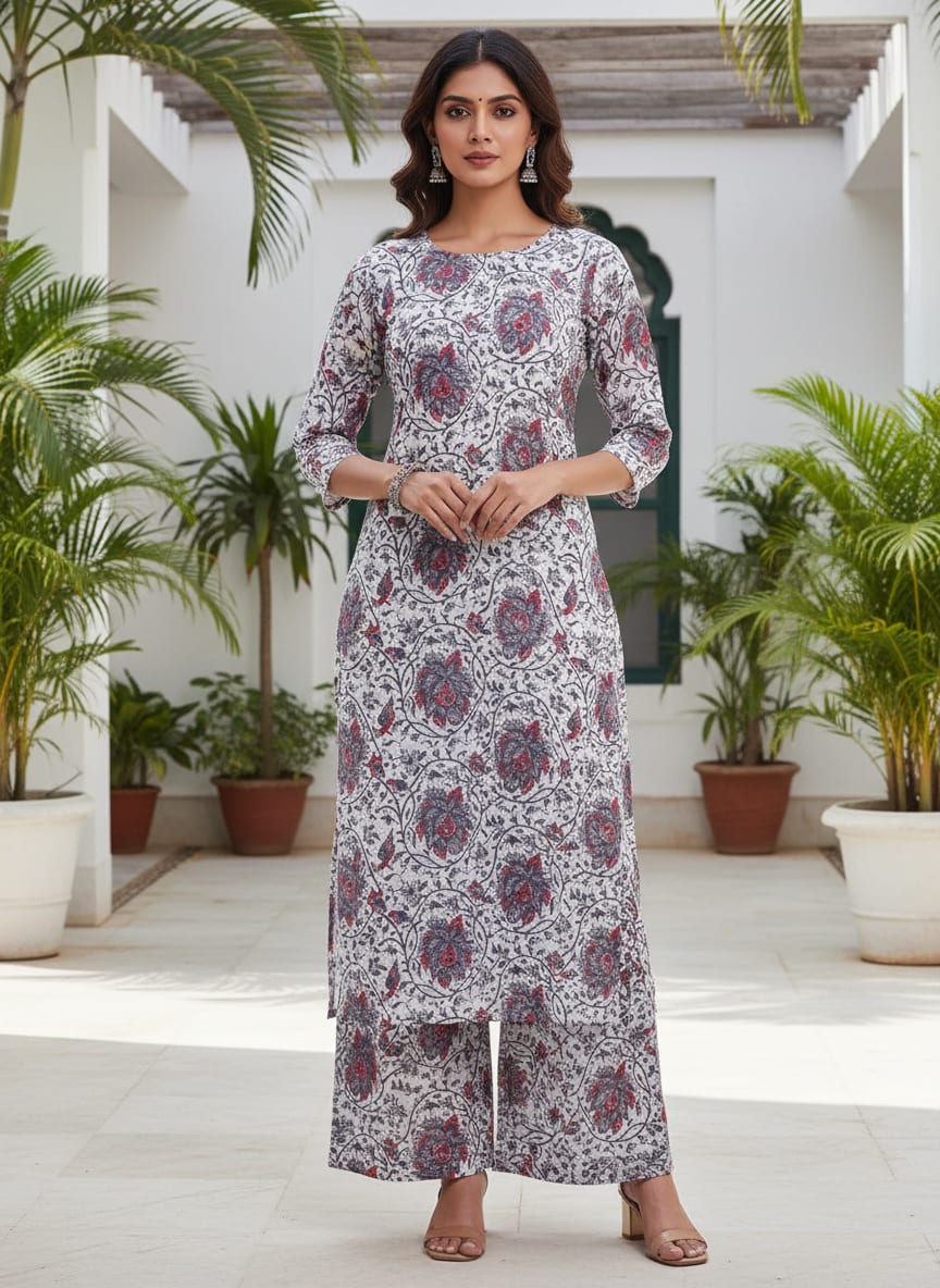 Stunning Floral Velly in Vibrant Red, Purple, and White on Kota Doria Fabric Material