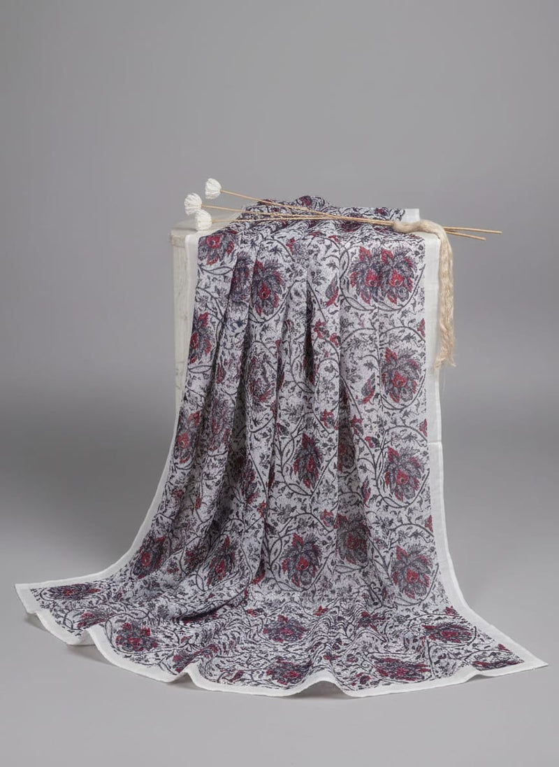 Stunning Floral Velly in Vibrant Red, Purple, and White on Kota Doria Fabric Material