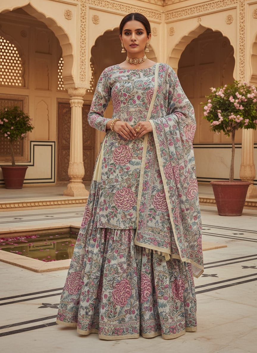 Classy Kota Doria Digital Print Fabric in Green and Pink