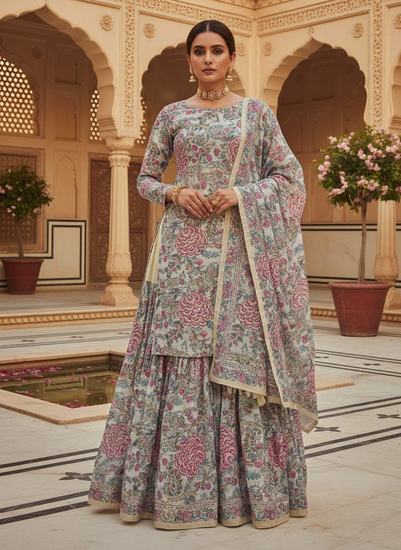 Classy Kota Doria Digital Print Fabric in Green and Pink