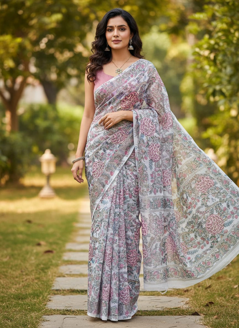 Classy Kota Doria Digital Print Fabric in Green and Pink