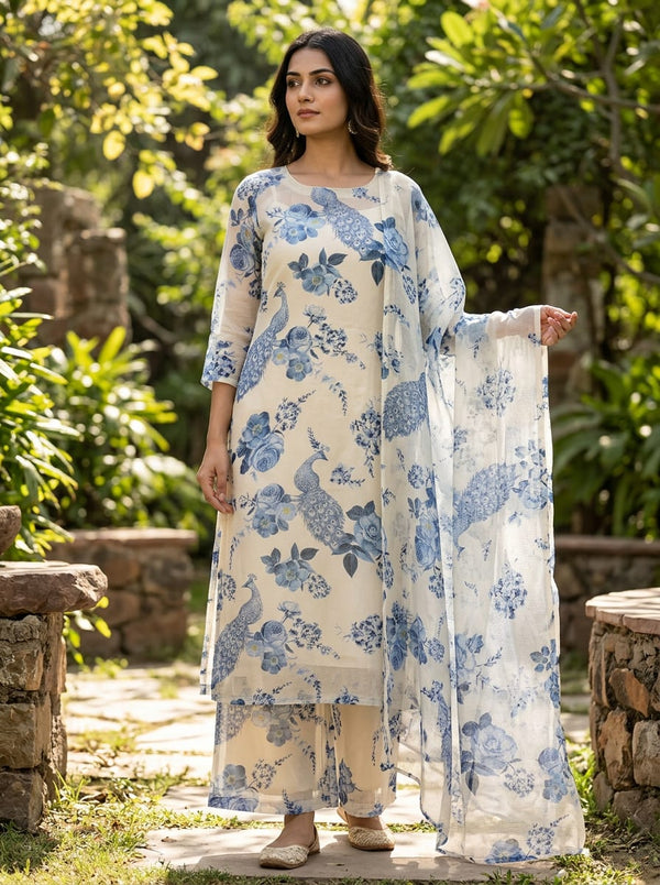 Blue Peacock and Floral Garden Kota Doria Digital Printed Fabric - Straight Kurta with Palazzo Lookbook - KD-0-TA07128-110 - alternate view