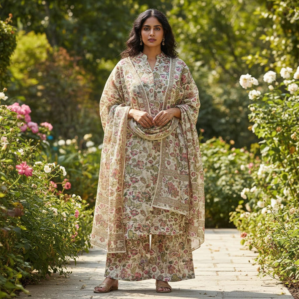 Gorgeous Kota Doria Digital Printed Fabric with Multicolor Flower and Leaves Design - alternate view