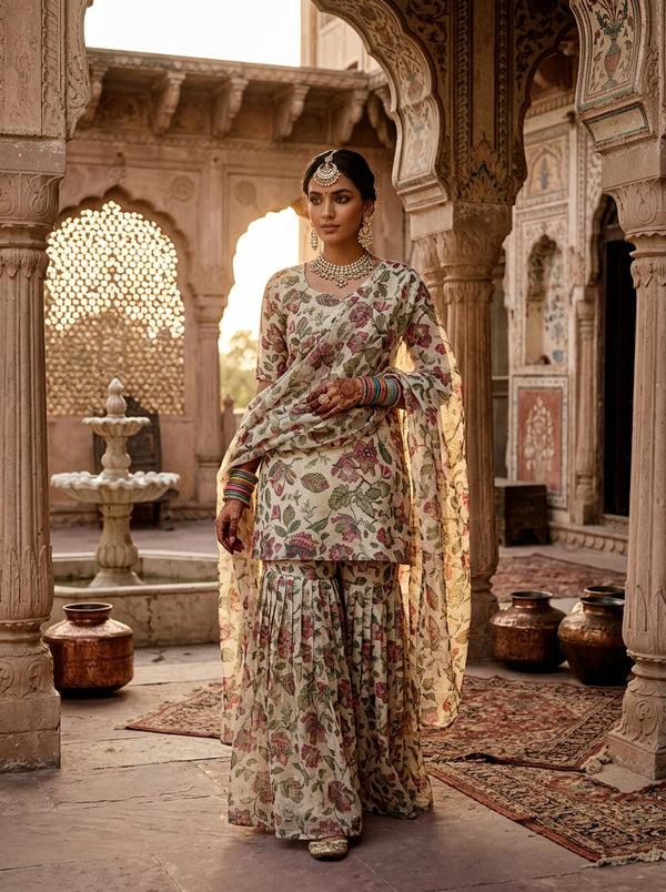 Multicolor Muted Ethnic Floral Jaal Kota Doria Digital Printed Fabric - Gharara Set Lookbook - KD-0-MA025001-110 - alternate view