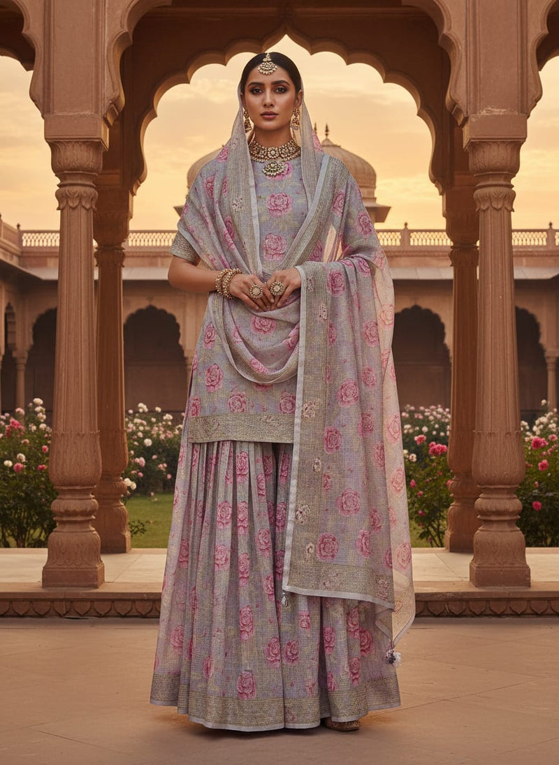 Alluring Purple and Pink Floral Kota Doria Digital Printed Fabric Material