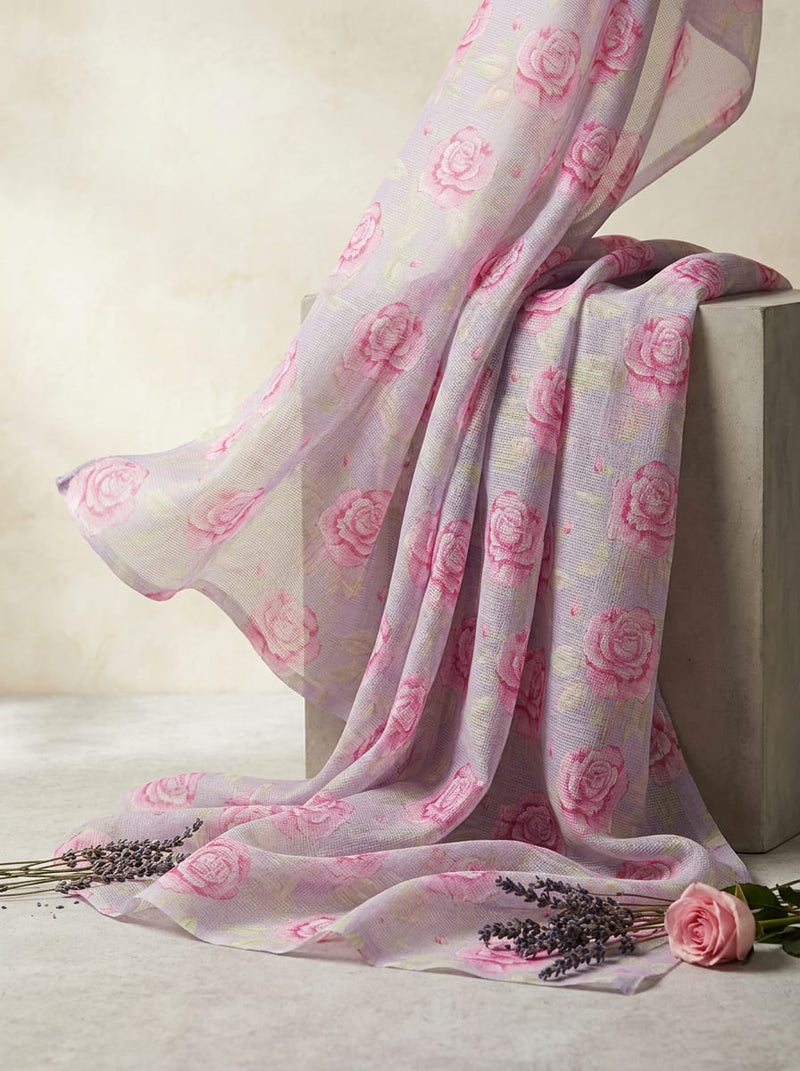 Purple and Pink Classic Rose Floral Kota Doria Digital Printed Fabric