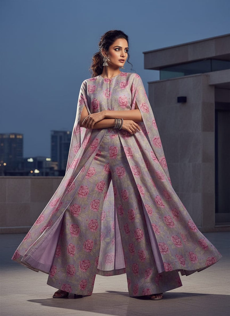 Alluring Purple and Pink Floral Kota Doria Digital Printed Fabric Material