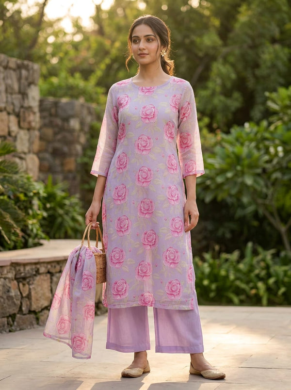 Purple and Pink Classic Rose Floral Kota Doria Digital Printed Fabric - Straight Kurta with Palazzo Lookbook - KD-0-PA7123-110 - alternate view