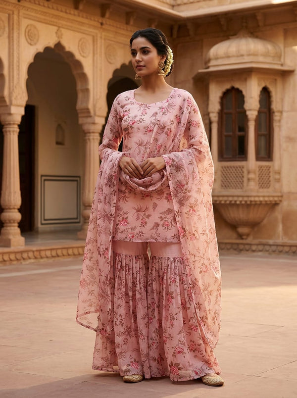 Pink Dainty Floral Vine Print Kota Doria Digital Printed Fabric - Gharara Set Lookbook - KD-0-MA024934-110 - alternate view