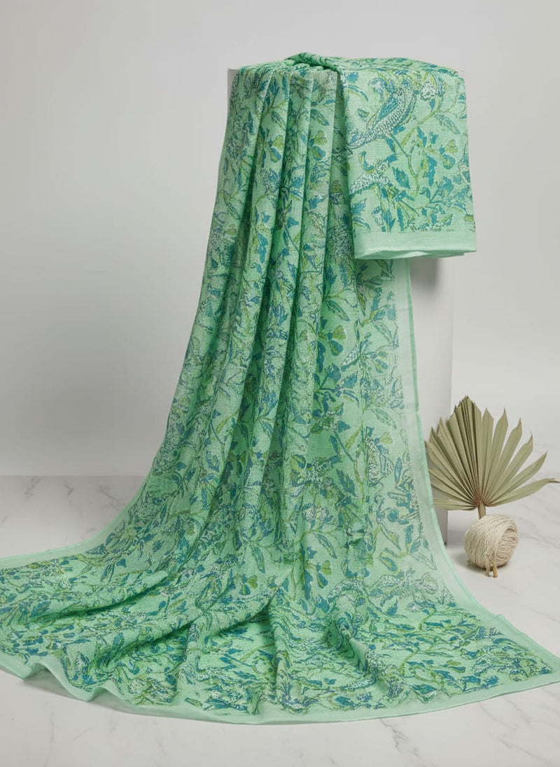 Gorgeous Green and Blue Bird Print Kota Doria Digital Printed Fabric