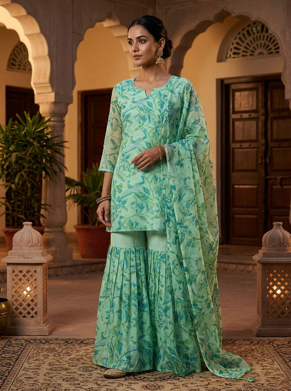 Green Ethnic Bird and Botanical Print Kota Doria Digital Printed Fabric - Gharara Set Lookbook - KD-0-JA000078-110 - alternate view