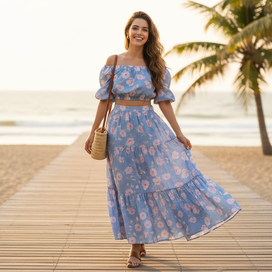 Gorgeous Floral Velly Kota Doria Digital Printed Fabric in Captivating Blue and Peach