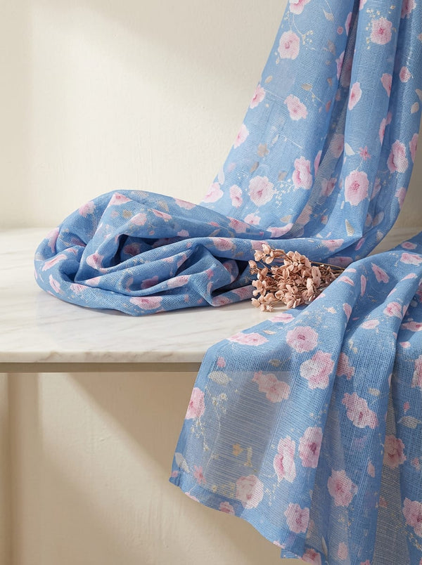 Blue Watercolour Floral Kota Doria Digital Printed Fabric - Fabric Editorial Studio Flatlay Lookbook - KD-0-PA7117-110