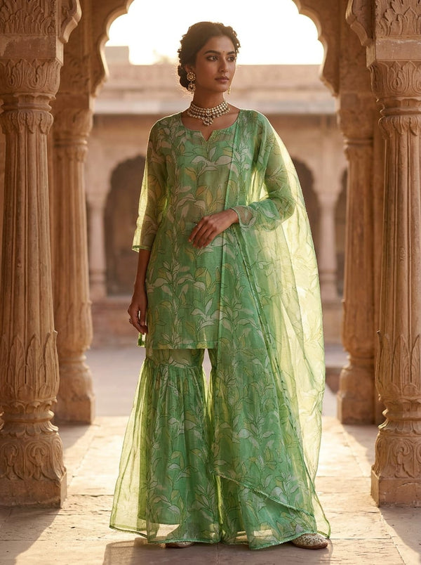 Green Abstract Botanical Leaf Print Kota Doria Digital Printed Fabric - Gharara Set Lookbook - KD-0-JA000072-110 - alternate view