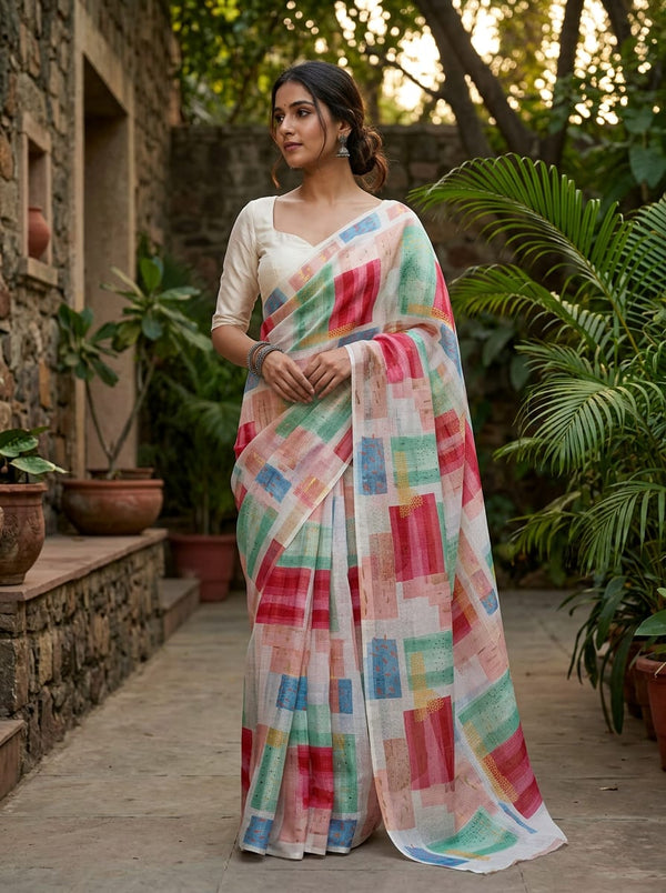 Multicolor Colorful Abstract Blocks Kota Doria Digital Printed Fabric - Saree Lookbook - KD-0-PA7077-110 - alternate view