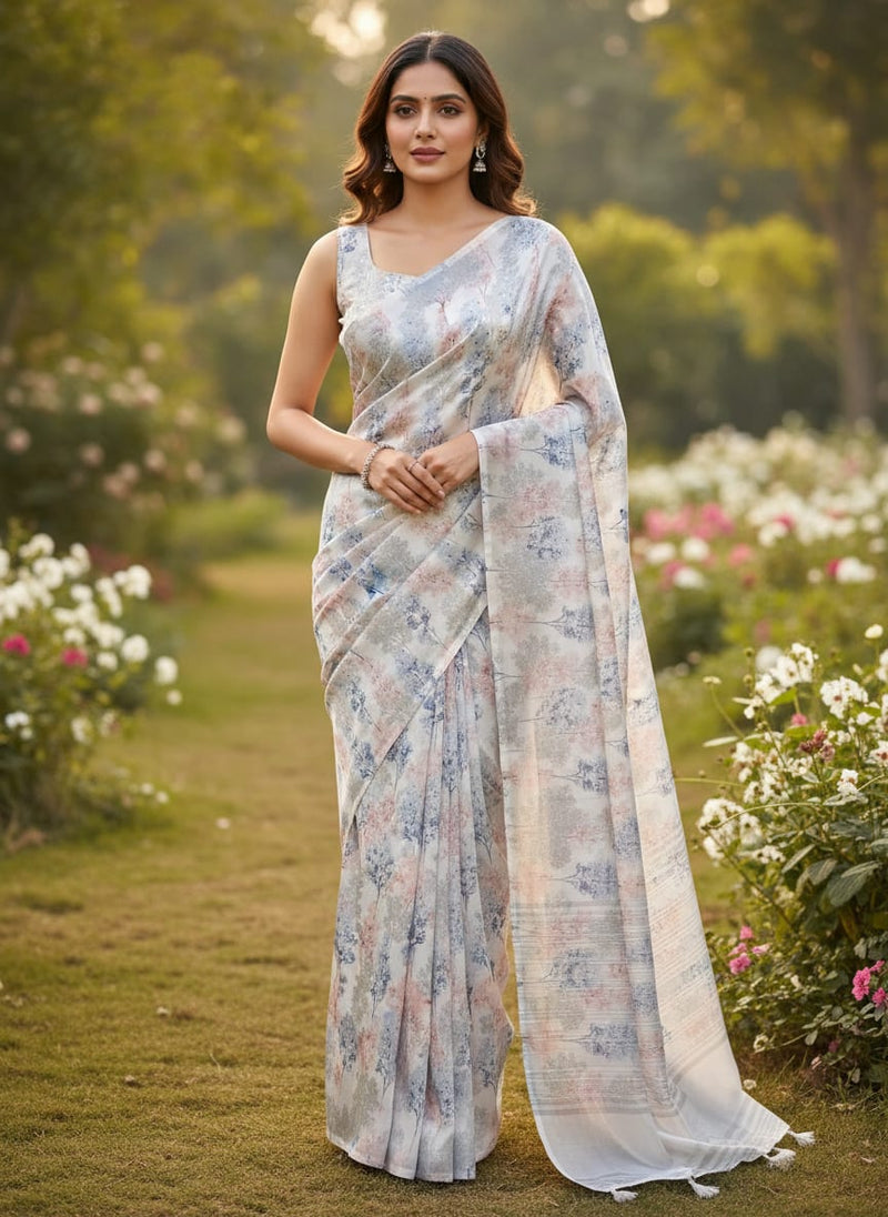 Blue and Pink Trees on White Satin Fabric