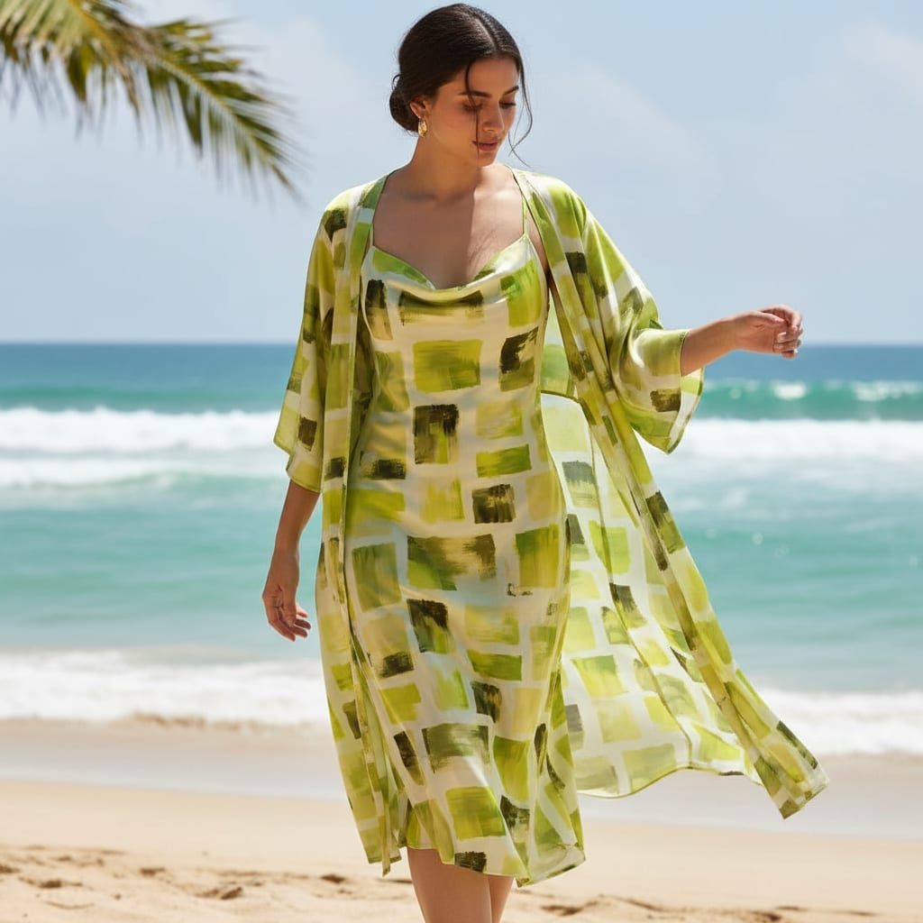Abstract Green Squares Printed Japan Satin Fabric