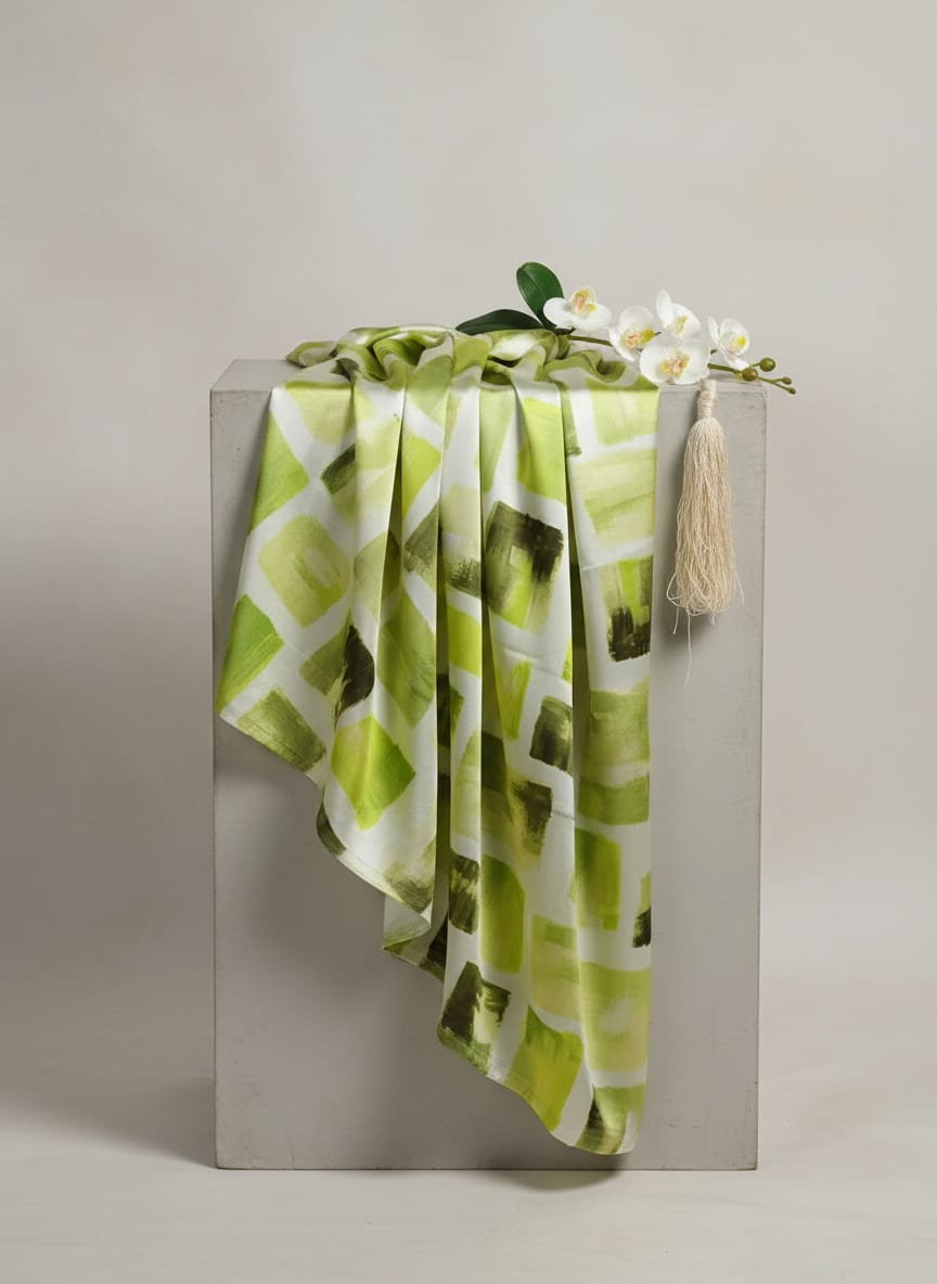 Abstract Green Squares Printed Japan Satin Fabric