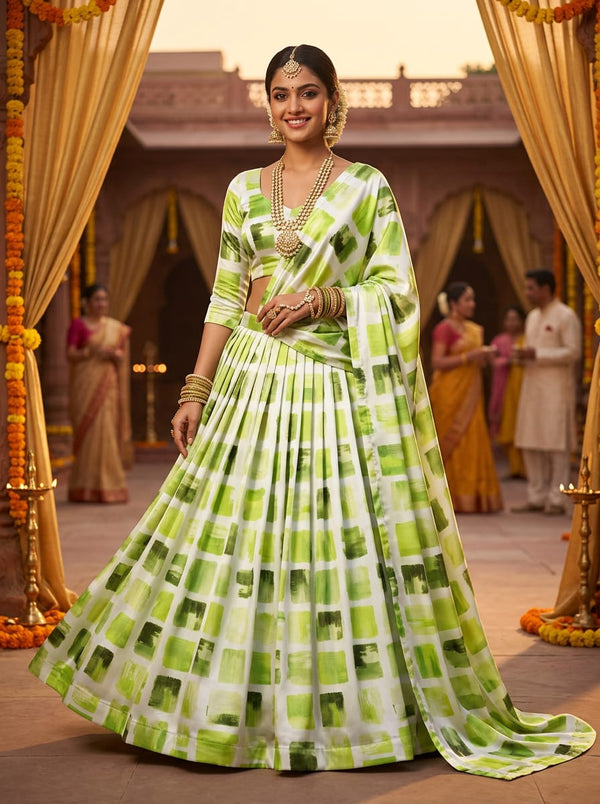 Green Abstract Brushstroke Squares Japan Satin Digital Printed Fabric - Lehenga Choli Lookbook - JS-0-AA102-110 - alternate view