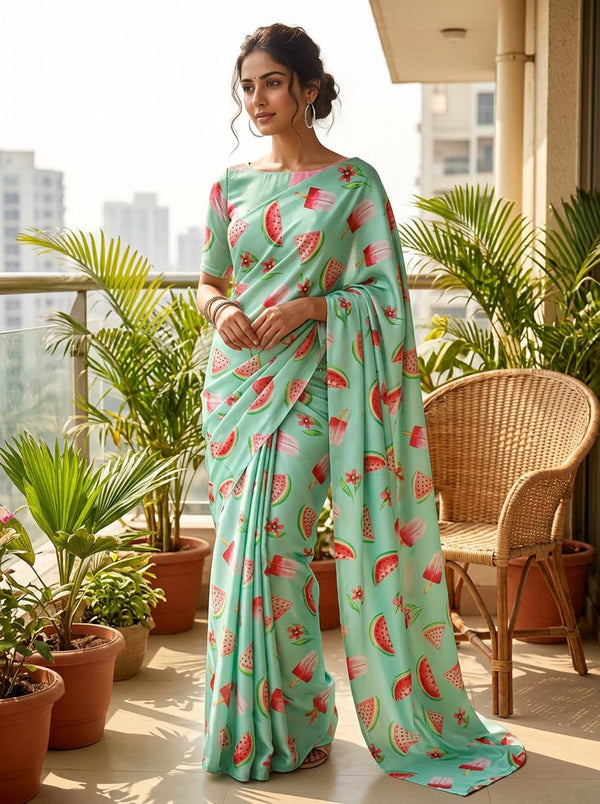 Teal Watermelon and Popsicle Print Japan Satin Digital Printed Fabric - Saree Lookbook - JS-0-AA104-110 - alternate view