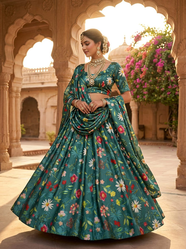 Teal Ditsy Wildflower Floral Japan Satin Digital Printed Fabric - Lehenga Choli Lookbook - JS-0-AA105-110 - alternate view