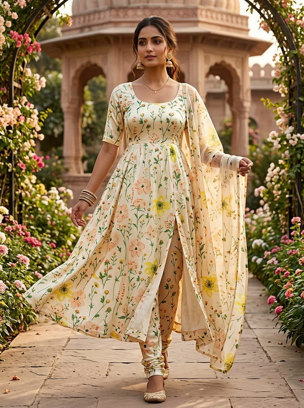 Multicolor Dainty Wildflower Floral Japan Satin Digital Printed Fabric - Anarkali Kurta Set Lookbook - JS-0-AA106-110 - alternate view