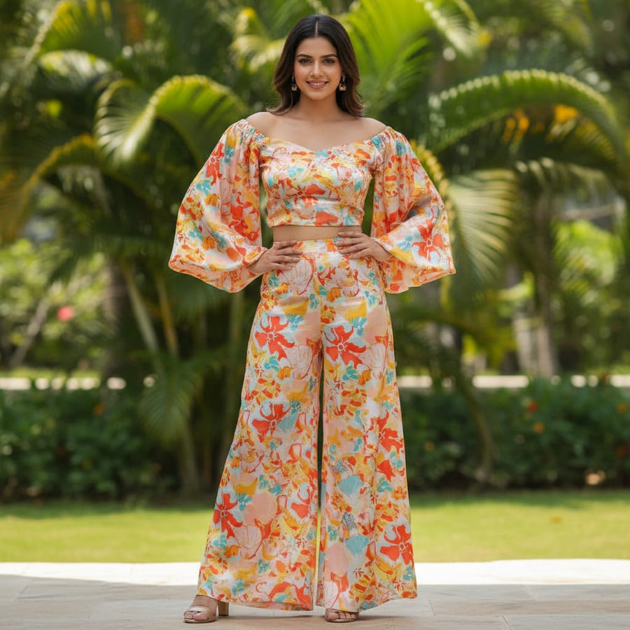 Abstract Floral Print Satin Fabric