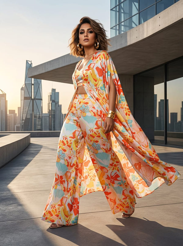 Multicolor Abstract Painterly Floral Japan Satin Digital Printed Fabric - Cape with Palazzo Lookbook - JS-0-AA109-110 - alternate view