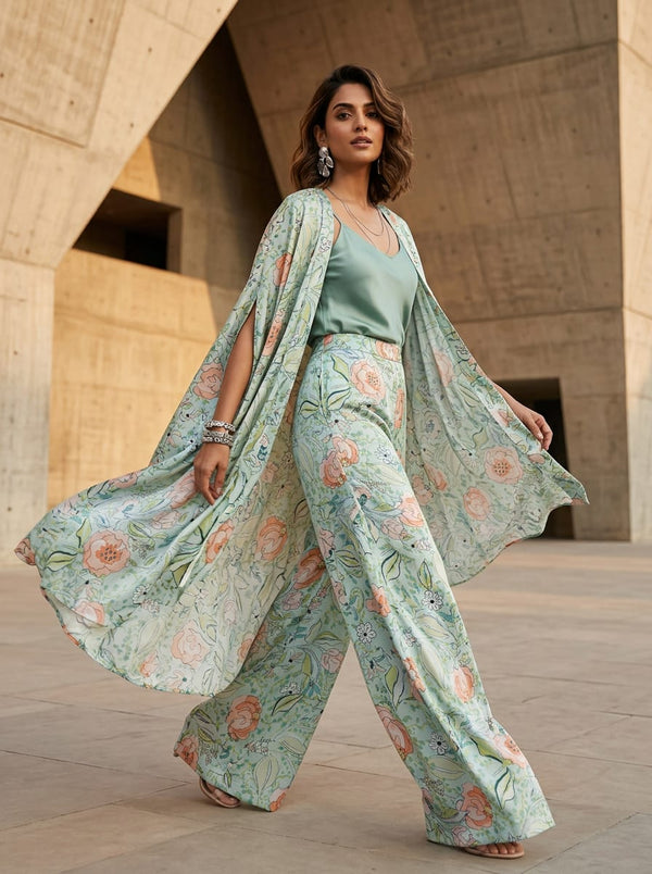 Blue Painterly Peach Floral Japan Satin Digital Printed Fabric - Cape with Palazzo Lookbook - JS-0-AA110-110 - alternate view