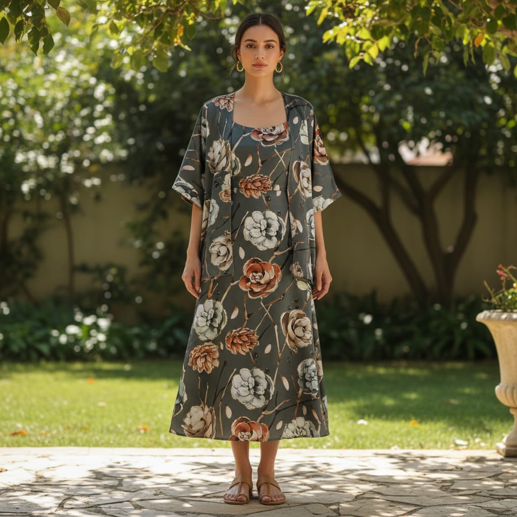 Grey Floral Print Satin Fabric