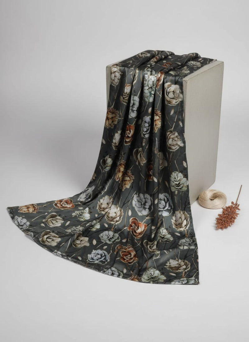 Grey Floral Print Satin Fabric