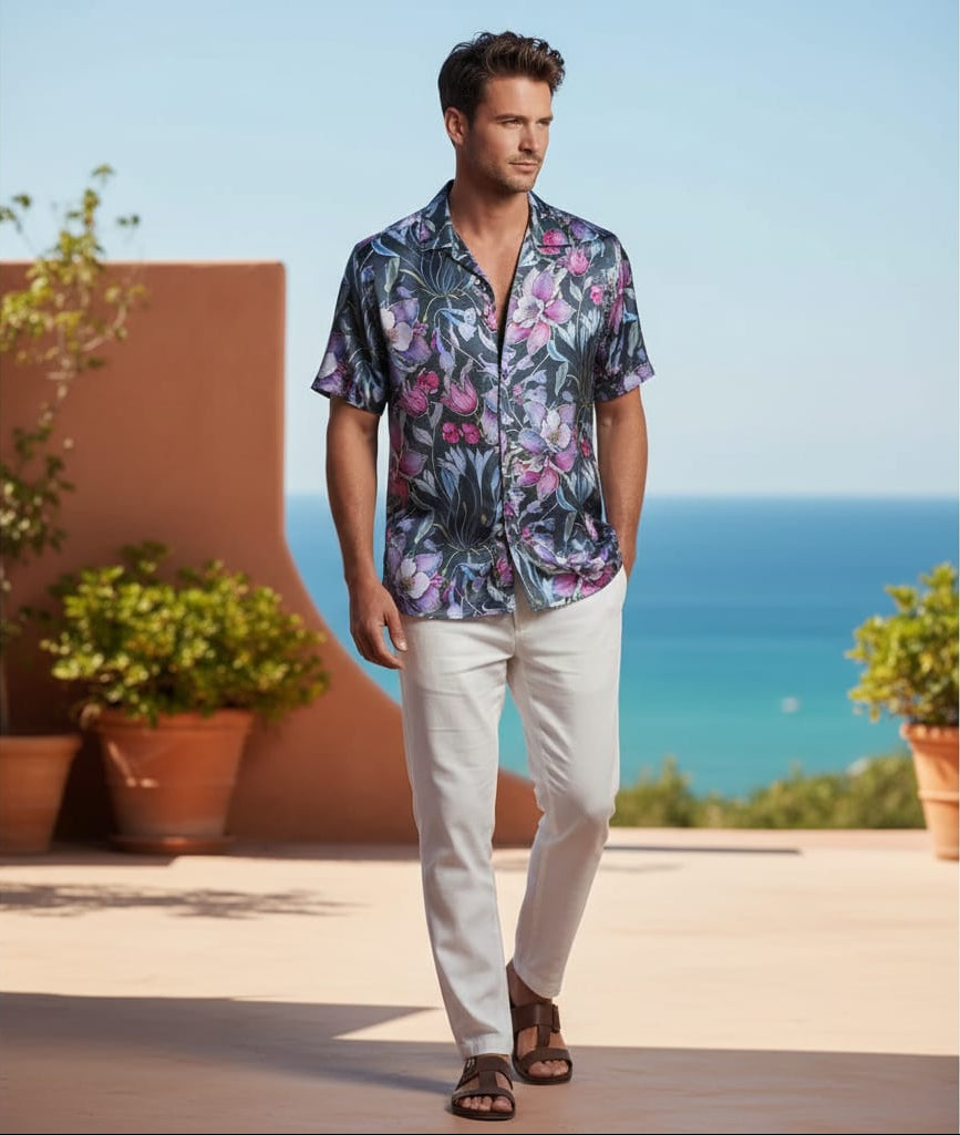 Purple Floral Printed Satin Fabric